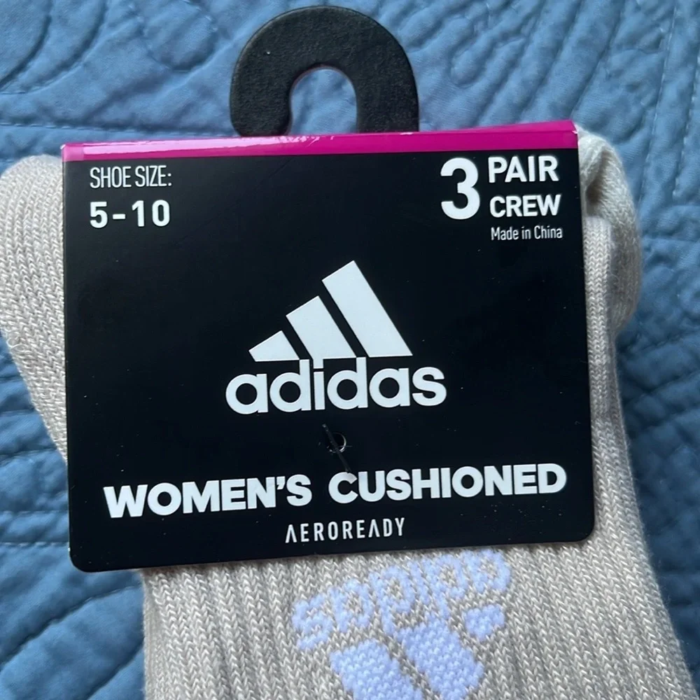 Adidas Crew Socks Cushioned 3 Pair Womens Beige Stripe‎ Size 5-10 Aeroready
